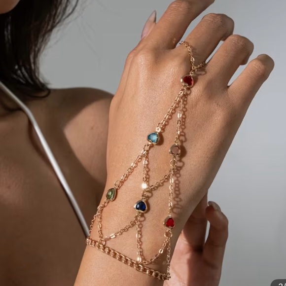 Jewelry - Elegant Gold Hand Chain with Multicolor Heart Gemstones